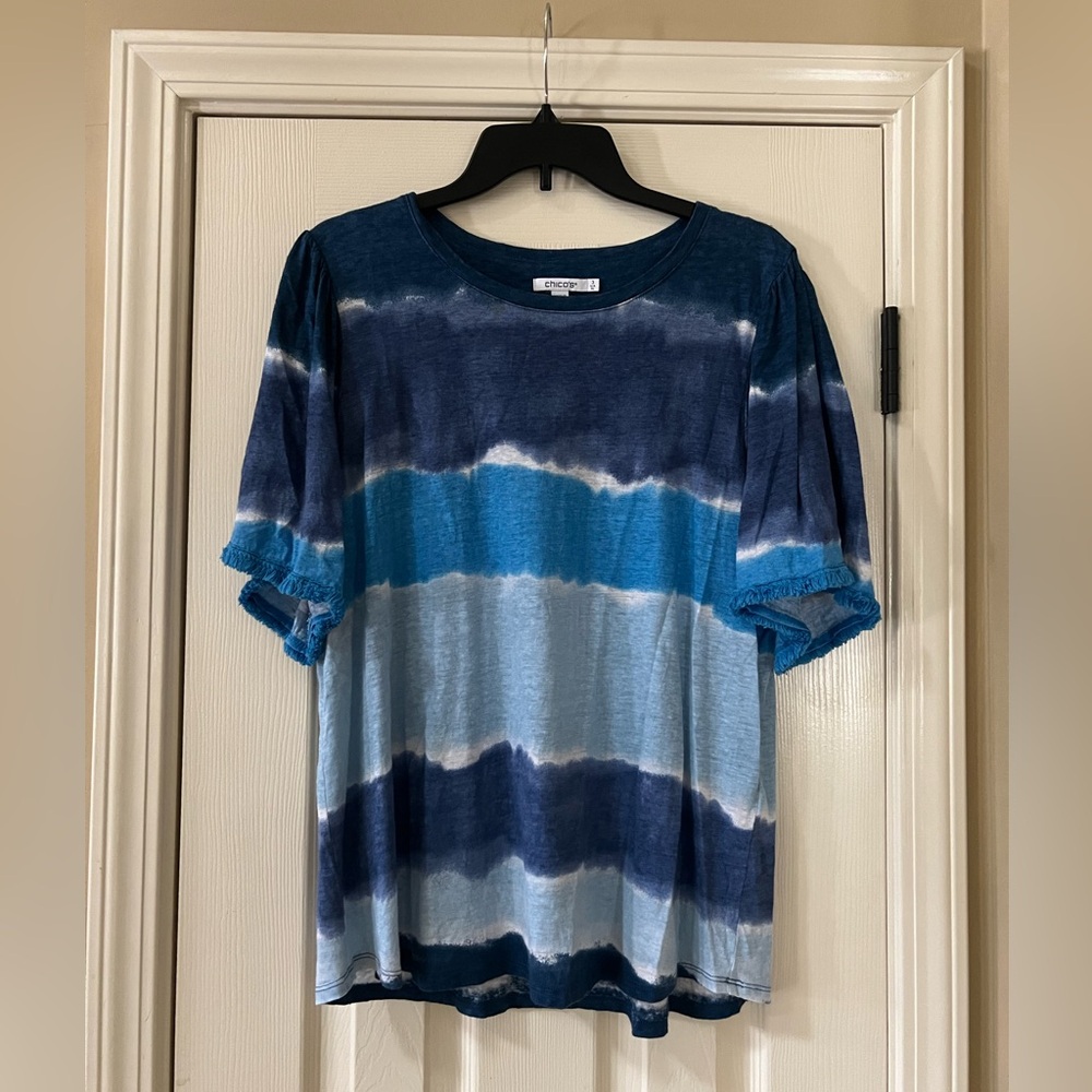 Chicos Blue/White Tie Dye Short Sleeve 100% Linen Tee Women's Size 3 (XL)